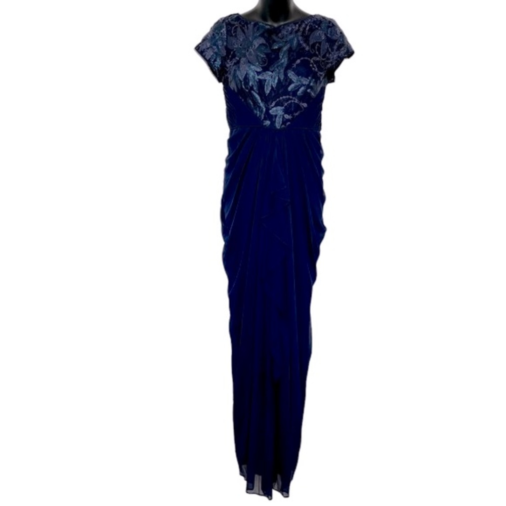 Adrianna Papell Navy Knit Evening Gown Ruched Skirt Embellished Bodice - Size 4